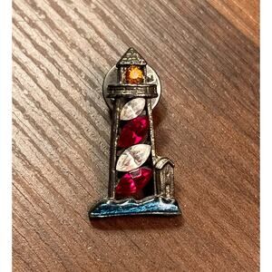 Vintage Lighthouse Pin Brooch w/ Rhinestones & Enamel | Nautical Coastal Jewelry